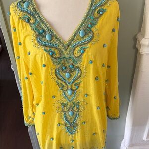 Yellow Embellished V-Neck Women’s Top with Turquoise Accents